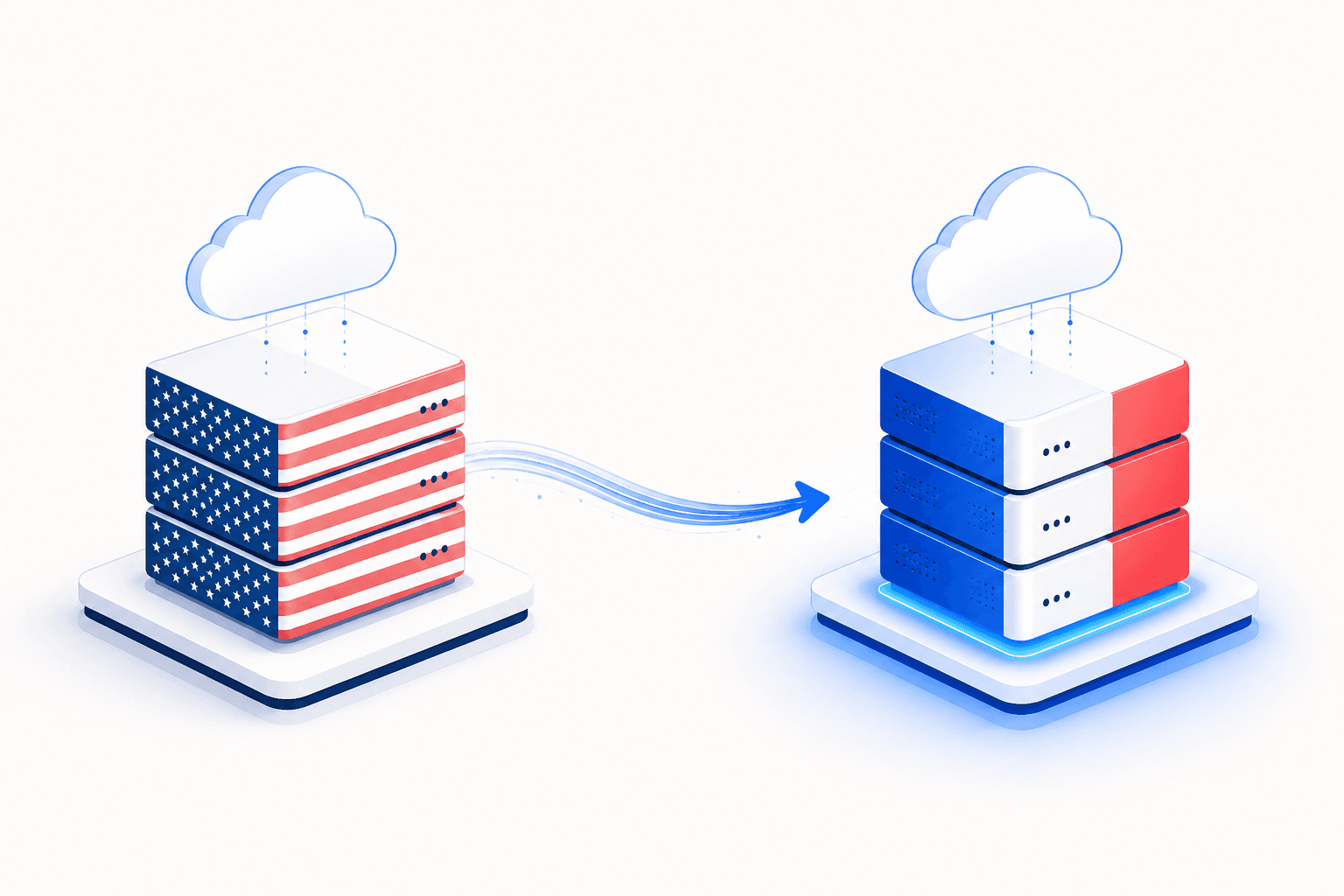 Un serveur aux couleurs américaines et un serveur aux couleurs françaises reliés par un flux de données, évoquant la migration d'un cloud américain vers un cloud français