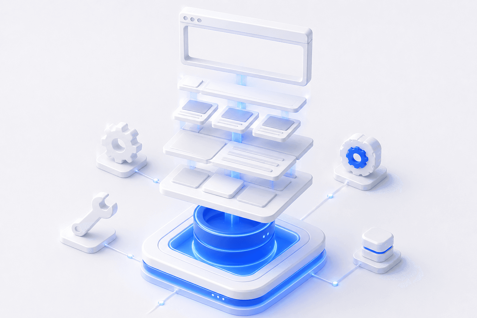 Exploded view of a content platform: database, modular content blocks and a browser window connected together