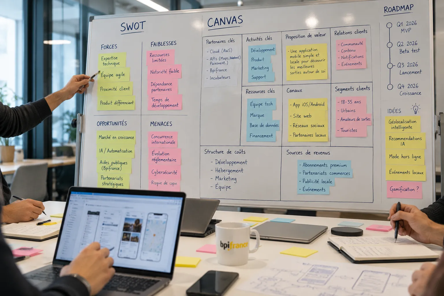 Tableau blanc avec une analyse SWOT, un canevas de modèle d'affaires et une feuille de route